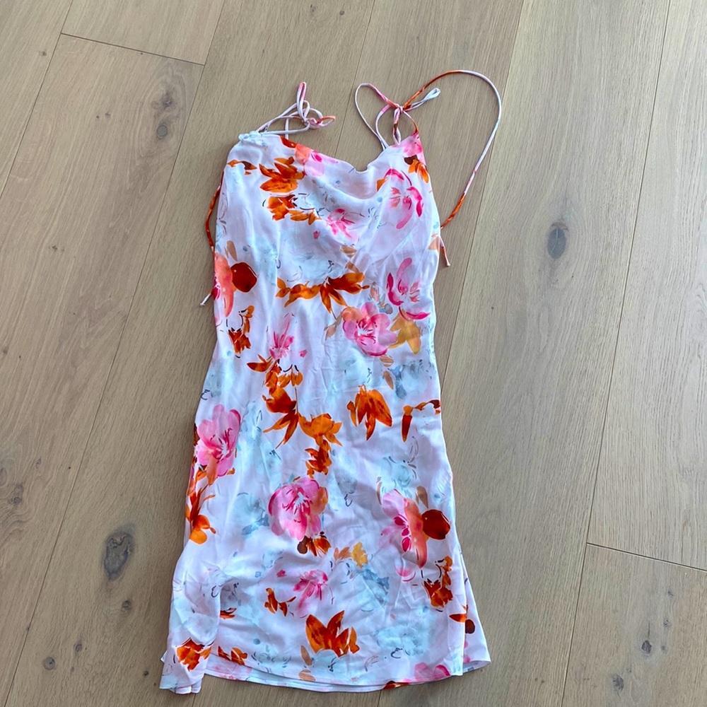 Zara Floral Slip Dress, Ties on Shoulder, cowl neck, xs